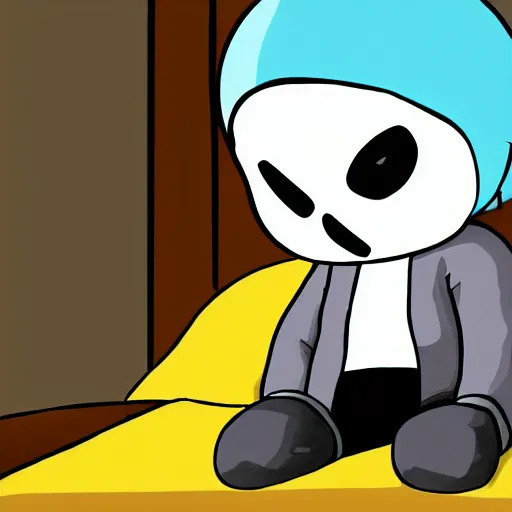 Image similar to Sans Undertale sitting on the edge of the bed, depressed