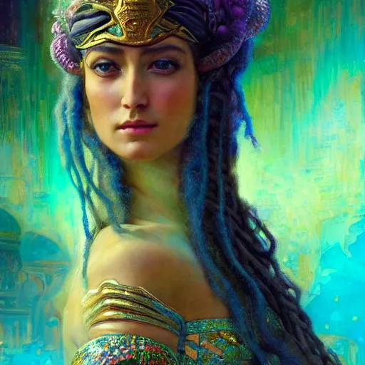 Image similar to artstation, intricate detail, hyper detail, portrait by gaston bussiere, tan skin, lady of elche, egyptian sumerian features, techno mystic goddess princess intergalactica inanna with aqua neon rapunzel dreadlocks,