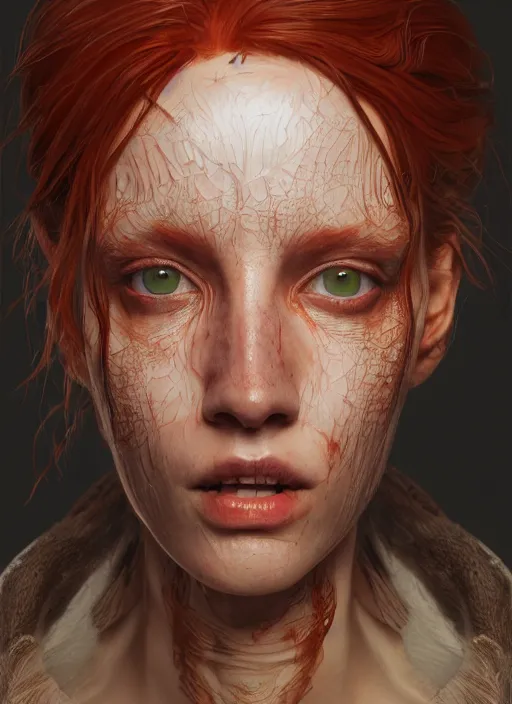 Image similar to biopunk lovecraft portrait of redhead, au naturel, hyper detailed, digital art, trending in artstation, cinematic lighting, studio quality, smooth render, unreal engine 5 rendered, octane rendered, art style by klimt and nixeu and ian sprigger and wlop and krenz cushart.