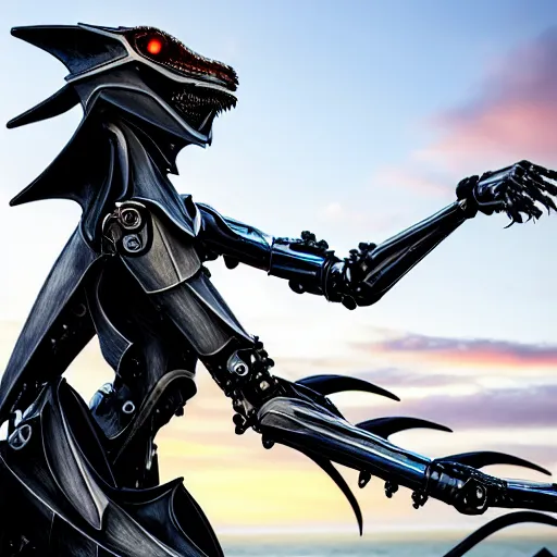 Image similar to epic close up shot, realistic detailed stunning beautiful anthropomorphic robot mechanical female dragon, doing an elegant pose with hand on hip, looking to the side, sleek streamlined armor and design, sharp claws, sleek well designed head with LED eyes, standing on two legs, wearing a hooded cloak that blows in the wind from behind her, on the beach during sunset, high quality, cinematic art, sunset lighting, artstation, deviantart, furaffinity