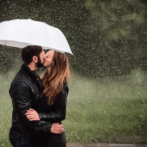 Prompt: an 8 k photo of a couple holding hands while kissing in the rain