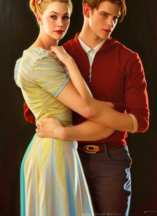 Image similar to oil painting of betty cooper and jason blossom, intricate, elegant, highly detailed, lighting, painting, artstation, smooth, illustration, art by greg rutowski and alphonse mucha