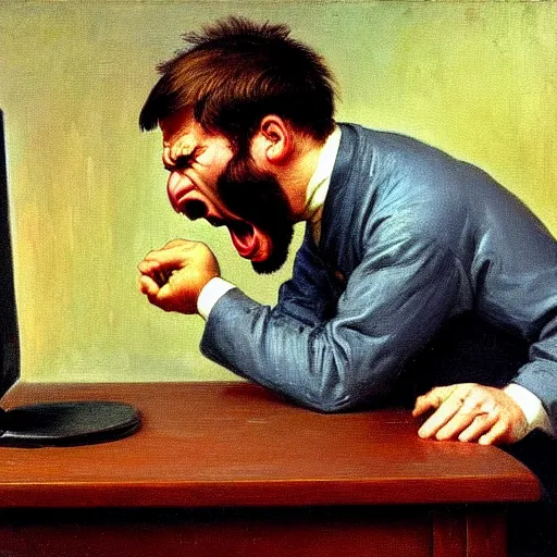 Prompt: an angry man yells at his computer monitor, oil on canvas, 1 9 0 1