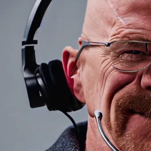 Prompt: close up, cropped award winning photo of walter white wearing pink headphones screaming and shouting, incredibly detailed, sharp focus, hyper realistic