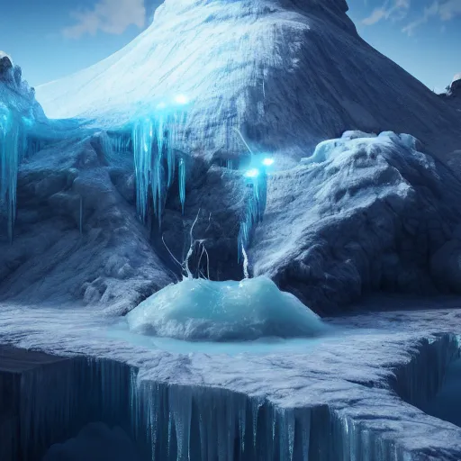 Image similar to an ice volcano, heatwave, fantasy, hyper realism, behance, artstation, unreal engine 5, octane, deviantart