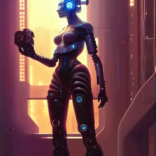 Image similar to a beautiful highly detailed futuristic mechanical lady, seductive confident pose, art by greg rutkowski and mark keathley, cyberpunk, 7 0 mm photo, featured on artstation, 4 k, octane render