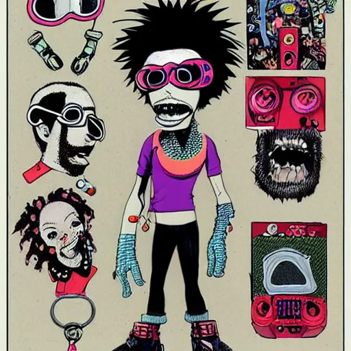 Prompt: a 80s punk guy wearing goggles and eccentric jewelry by jamie hewlett :: full body character concept art, character concept art, color