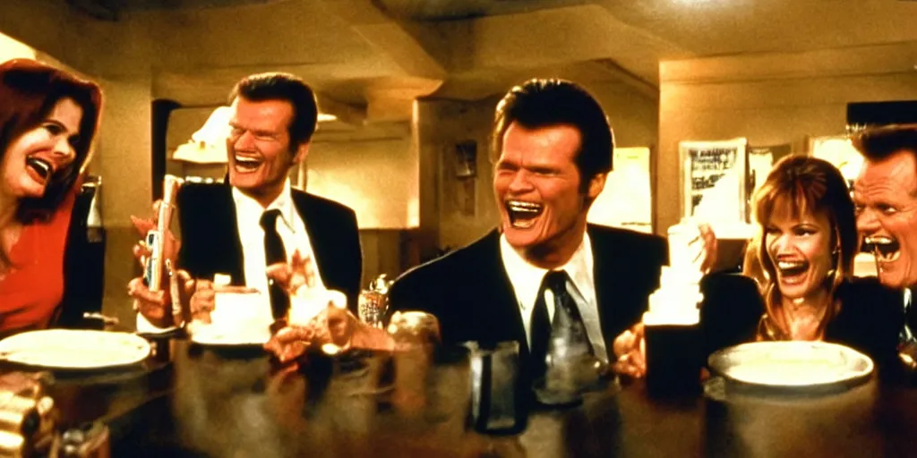 Image similar to still frame of Geena Davis, Roger Moore and Jim Carrey in Pulp Fiction laughing hysterically in a dark bar over a tiny gun