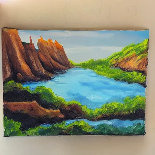 Image similar to rough acrylic painting of a lush natural scene on an alien planet by caroline degroiselle. beautiful landscape. weird vegetation. cliffs and water.