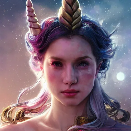 Image similar to a iridescent unicorn is injured, footsteps of blood leading up to it, toxic glowing smog in the sky, ultra realistic, concept art, intricate details, highly detailed, photorealistic, octane render, 8 k, art by art by artgerm and greg rutkowski and alphonse mucha