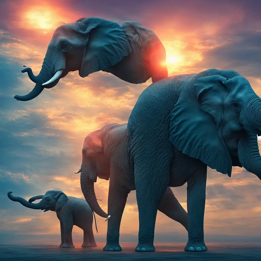 Image similar to A single elephant with lasers coming out of it's eyes, cyberpunk elephant in front of a sunset