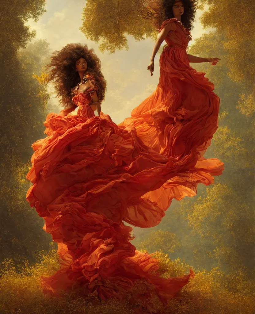 Prompt: a brown skinned queen with long dark curly hair and a red dress, windy, golden ribbons, stars, stoic, modern maximalist fashion dress, hyperdetailed, dramatic, epic painting, painted by jean honore fragonard and greg rutkowski, full body, octane render, sharpness, 8 k, golden ratio