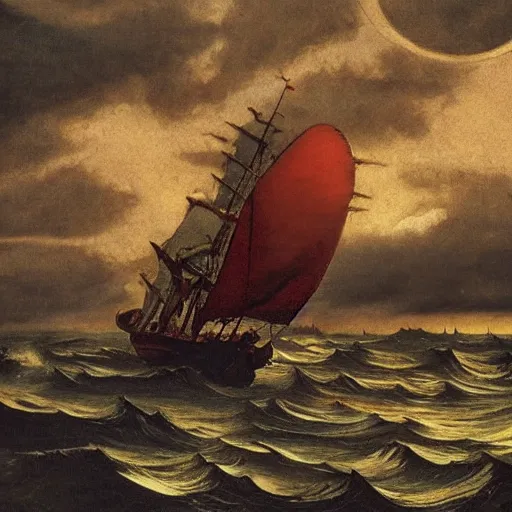 Image similar to the age of discovery, red moon over stormy ocean, huge clouds in the form of a gigantic octopus, the greatest adventurer standing on a 1 5 th century sampan boat holding a