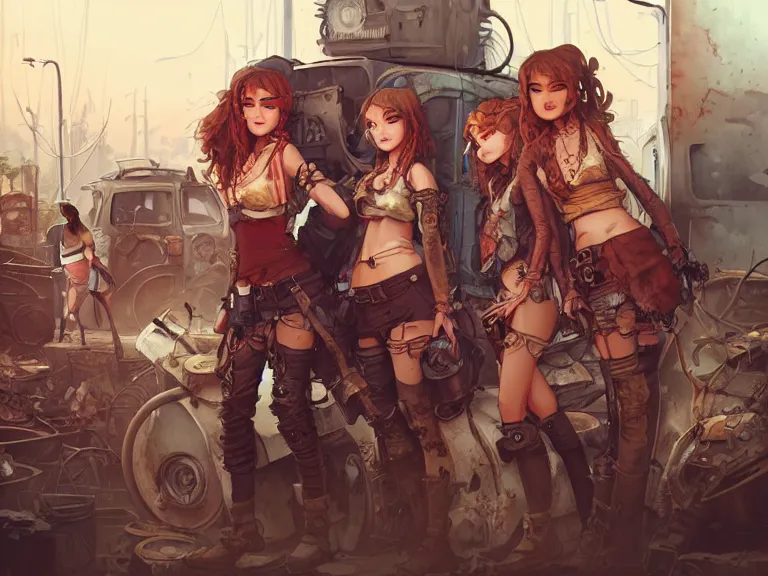 Prompt: group of 4 scavenger girls in a junkyard, steampunk, gritty, dirty, rusty, high fantasy, detailed faces, sharp focus, high detail, smooth, digital illustration, by rossdraws, artstation