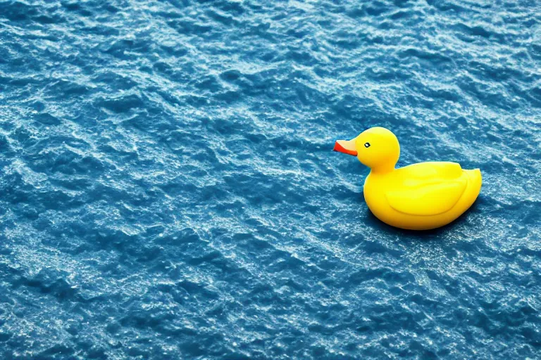 Prompt: a photo of a yellow rubber duck on a background of a blue ocean, close up, photorealistic, 8 k