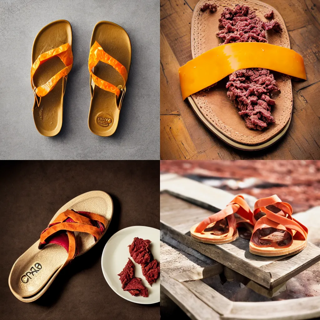 Prompt: Chaco sandal filled with ground beef and shredded cheddar cheese, food photography, HDR, DSLR, Michelin star, detailed, 4k