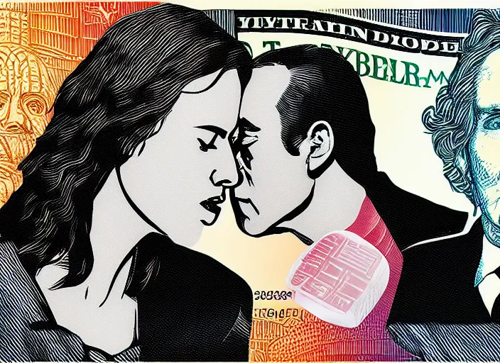 Image similar to reylo kissing, american dollar bill