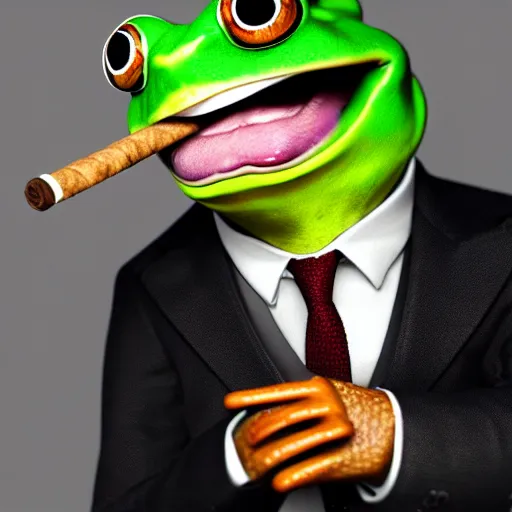 Image similar to a high quality photo of an antropomorphic frog wearing a suit smoking a cigar, 3d scene, render, ultra realistic, artstation, cgsociety