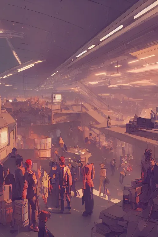 Image similar to inside a crowded dystopian airport behance hd artstation by jesper ejsing, by rhads, makoto shinkai and lois van baarle, ilya kuvshinov, ossdraws, that looks like it is from borderlands and by feng zhu and loish and laurie greasley, victo ngai, andreas rocha