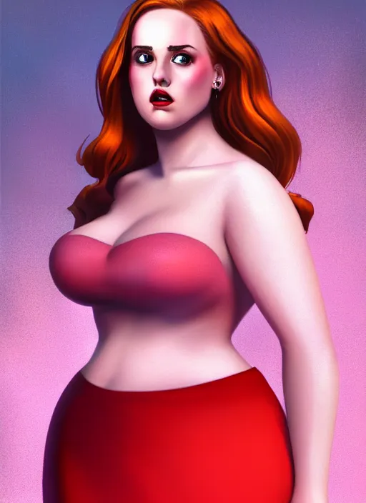 Image similar to full body portrait of teenage cheryl blossom, obese, bangs, green eyes, sultry, realistic, red hair, sultry smirk, wavy hair, pink skirt, fat, intricate, elegant, glowing lights, highly detailed, digital painting, artstation, concept art, smooth, sharp focus, illustration, art by wlop, mars ravelo and greg rutkowski