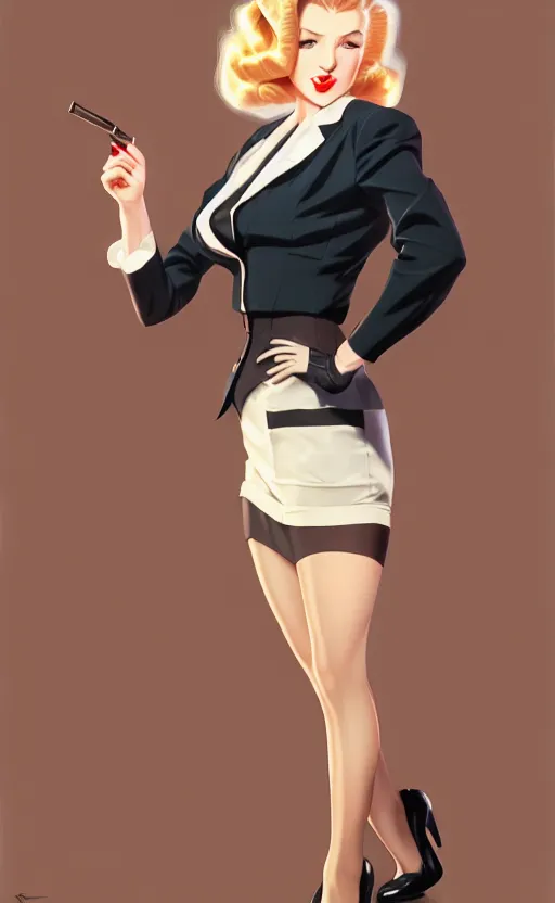 Image similar to a blonde femme fatale woman wearing a 1 9 4 0 s skirt, silk stockings, and padded shoulders jacket, anime. realistic shaded lighting by ilya kuvshinov giuseppe dangelico pino and michael garmash and rob rey, 8 k