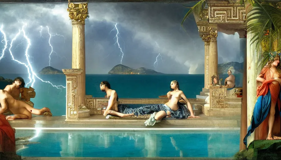 Image similar to From inside the balcony of the giant Palace, mediterranean balustrade and columns, refracted lines and sparkles, thunderstorm, greek pool, beach and Tropical vegetation on the background major arcana sky and occult symbols, by paul delaroche, hyperrealistic 4k uhd, award-winning, very detailed paradise