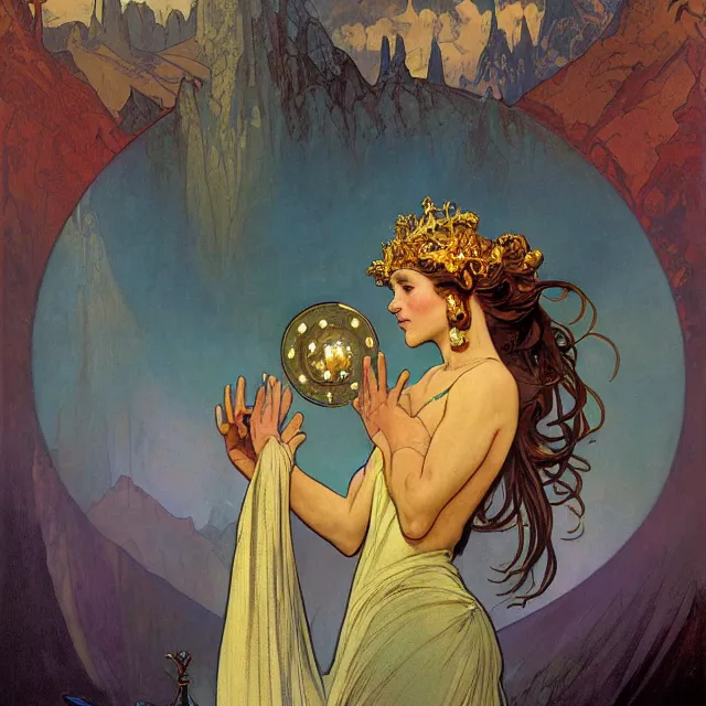 Image similar to an aesthetic! a detailed portrait of a vailed woman, with a crown, holding a lantern with mountains of gold in the background, by frank frazetta and alphonse mucha, oil on canvas, art nouveau dungeons and dragons fantasy art, hd, god rays, ray tracing, crisp contour lines, huhd