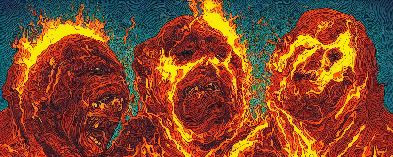 Image similar to portrait of head melting into another one, lava, laugh and surprise, by Dan Mumford