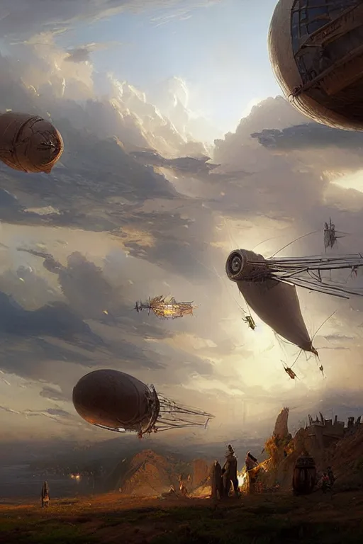 Prompt: medievalpunk Airships, matte painting, by thomas Cole, James Gurney, Craig mullins, RHADS, Trending on Artstation