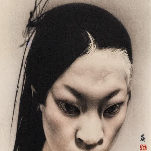 Image similar to A young woman with black and white hair looking disgusted away from the camera, Portrait by Noriyoshi Ohrai