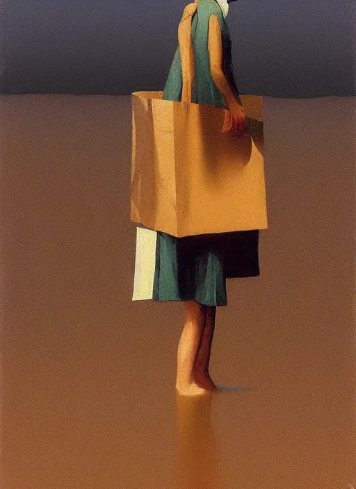 Image similar to woman in paper bag over the head on flooded street Edward Hopper and James Gilleard, Zdzislaw Beksinski, highly detailed