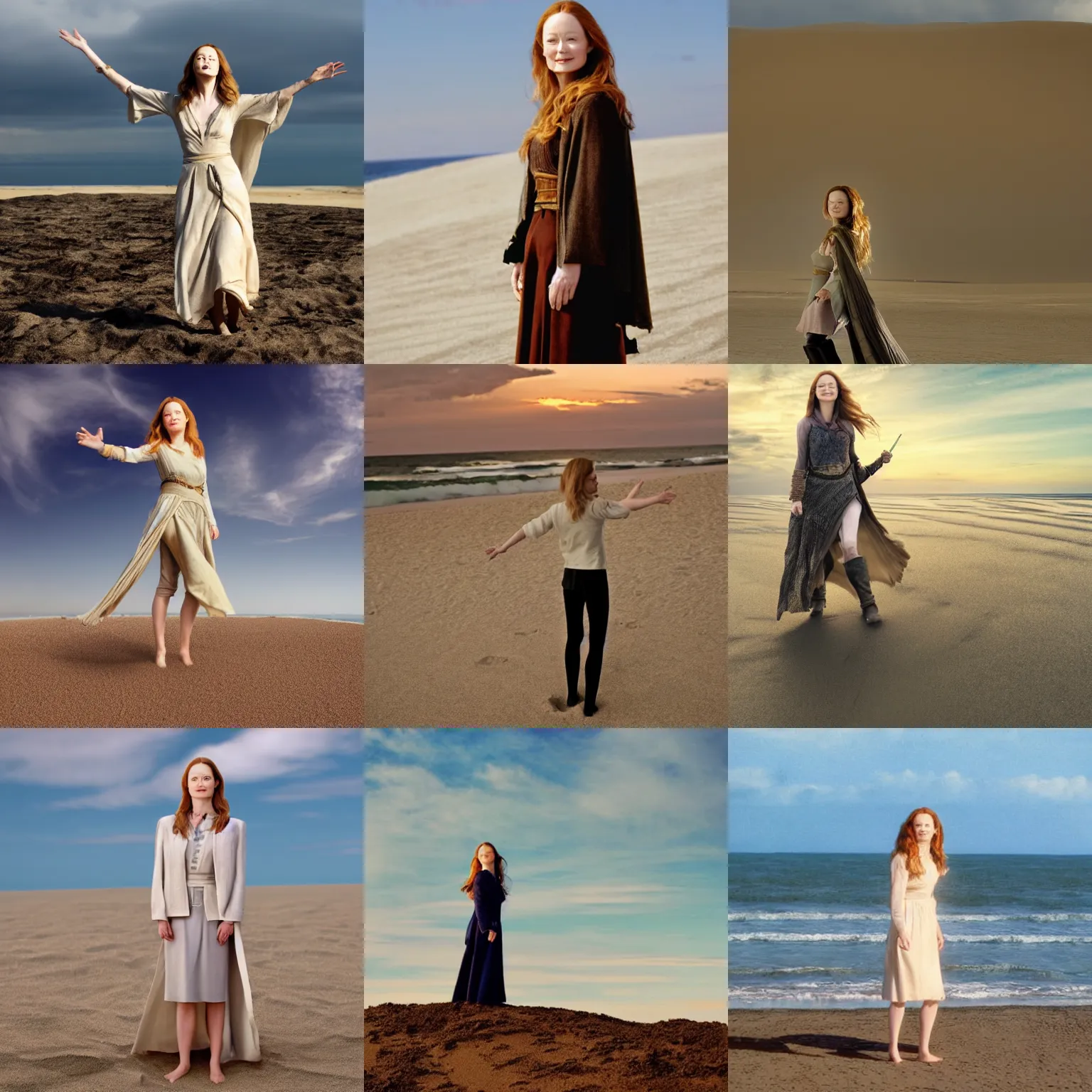 Prompt: miranda otto as eowyn standing on top of a sandy beach, a stock photo by elizabeth durack, tumblr, regionalism, lighthearted, chillwave, high quality photo