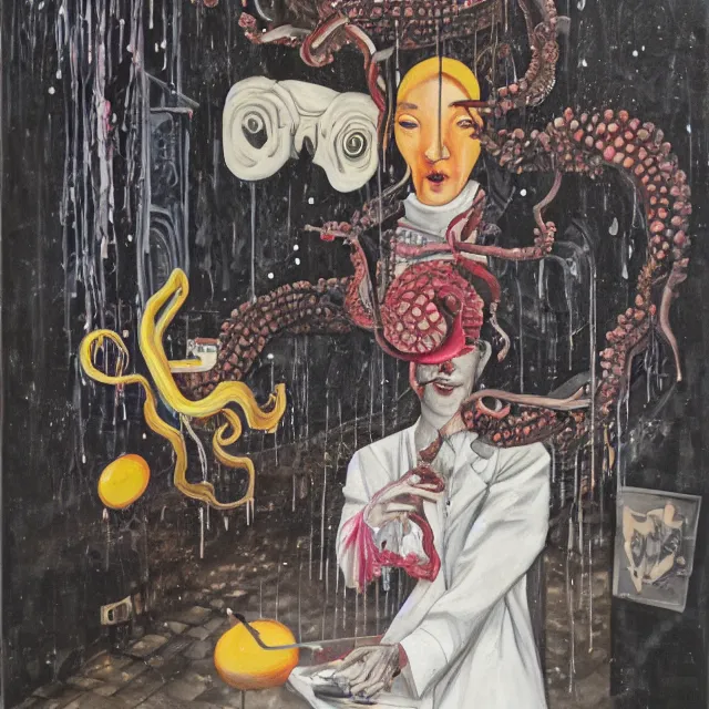 Image similar to a portrait in a dark laneway in tokyo, a woman holding pancakes, berries dripping, scientific instruments, ikebana, octopus, neo - expressionism, surrealism, acrylic and spray paint and oilstick on canvas