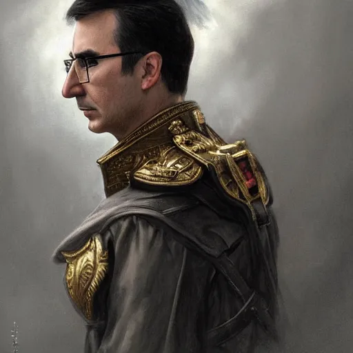 Image similar to portrait of stoic looking john oliver as in the vigo carpathian painting, military uniform, fantasy, intricate, elegant, beautiful, highly detailed, charcoal, centered, dark, smokey, digital painting, artstation, concept art, smooth, sharp focus, illustration, art by artgerm and greg rutkowski and alphonse mucha