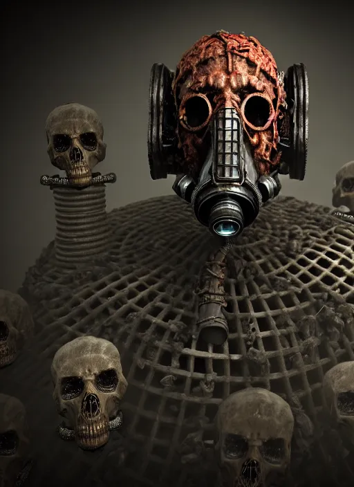 Prompt: unreal 3 d render of the old necromancer, wearing a wizard cloak, gas mask, half background is surrounded by brains inside jars, other half background is surrounded by skulls covered of rust, hyper detailed, intricate, complex, 8 k, crisp,