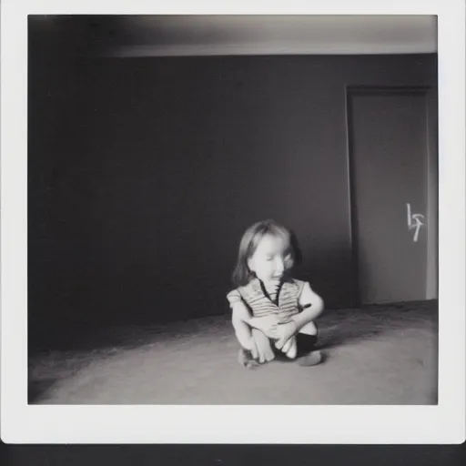 Image similar to a toddler girl sitting in a living room designed by yohji yamamoto, polaroid