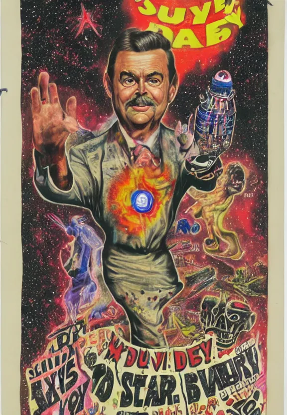 Prompt: one famous person, subgenius, x - day, aliens, weird stuff, occult stuff, devil stuff, less detail, colorful, stained paper, hyperrealism, stage lighting