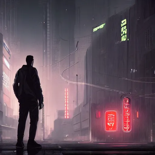 Image similar to A broad shouldered, large man in a techwear outfit, high quality, digital art, dire cyberpunk city, gray sky, neon signs in background, greg rutkowski