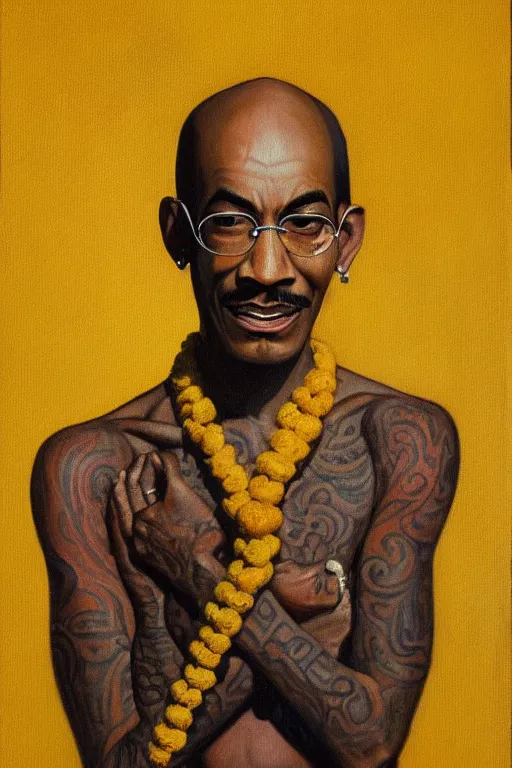 Prompt: full body portrait of wiz khalifa as mahatma gandhi, oil on canvas by william sidney mount, hindu art, great soul, black and yellow, trending on artstation