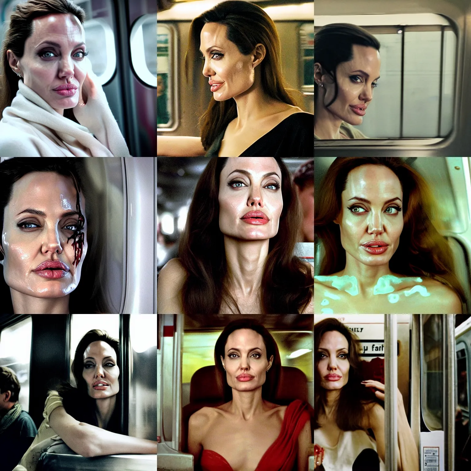 Prompt: a cinematic film still of angelina jolie, with a whitish, sticky liquid that has a jelly - like texture that is dripping off of her face. viscous, her face is coated in a whitish, sticky liquid that has a jelly - like texture. she is riding a crowded train,, 2 0 2 2