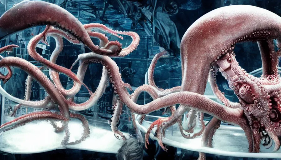 Prompt: Big budget horror movie, undersea biolab, cyborg, autopsy, giant squid