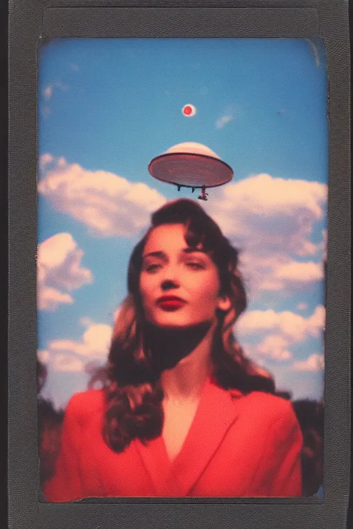 Image similar to vintage polaroid of a beautiful woman spotting a ufo in the sky, seen from behind, detailed clouds, warm azure tones, red color bleed, film grain