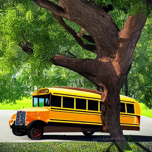 Image similar to photograph of a school bus stuck in a tree. extremely detailed. 4 k