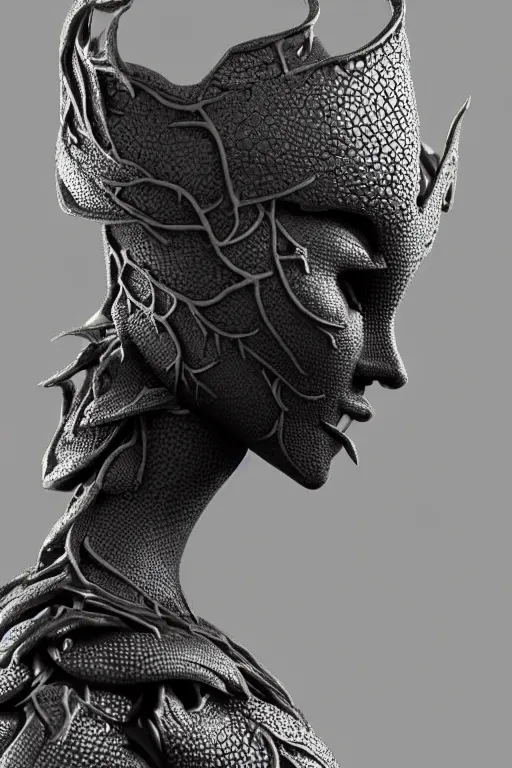 Image similar to bw close - up profile face, black background, beautiful young porcelain vegetal - dragon - cyborg - female, 1 5 0 mm, beautiful natural soft rim light, silver gold details, magnolia leaves and stems, roots, mandelbot fractal, elegant, ultra detailed, white metallic armour, octane render, dora maar