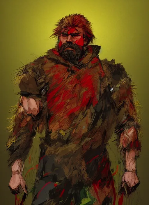 Prompt: Full body portrait of an old muscular man with blonde hair and beard wearing bear skin and red, green and gold jacket. In style of Yoji Shinkawa and Hyung-tae Kim, trending on ArtStation, dark fantasy, great composition, concept art, highly detailed.