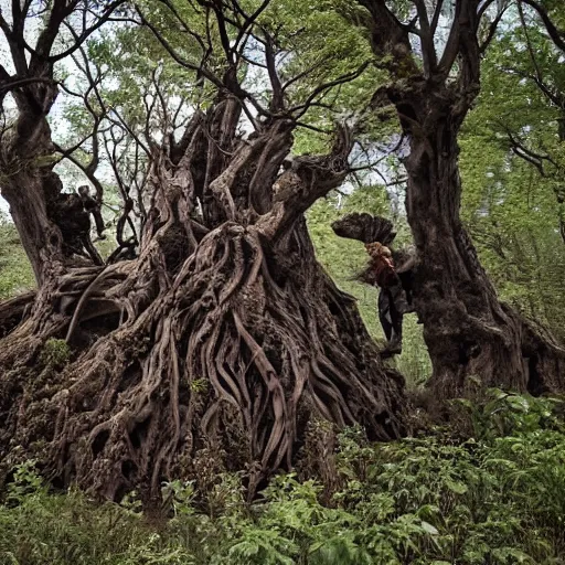 Image similar to a old gnarled tree, bark covered in the suggestion of faces, a group of misfits climb the tree, edge of a eerie forest, cursed grounds, something feels off