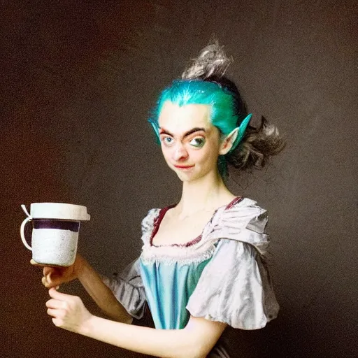 Prompt: A 18th century, messy, silver haired, (((mad))) elf princess (Mr. Bean), dressed in a ((ragged)), wedding dress, is ((drinking a cup of tea)). Everything is underwater and floating. Greenish blue tones, theatrical, (((underwater lights))), high contrasts, fantasyconcept art, inspired by John Everett Millais's Ophelia