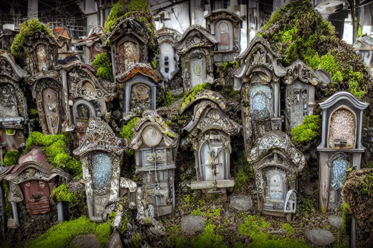 Image similar to elegance futuristic lichen covered favela graveyard honeybee hive, art nouveau environment, industrial factory, award winning art, epic dreamlike fantasy landscape, ultra realistic,