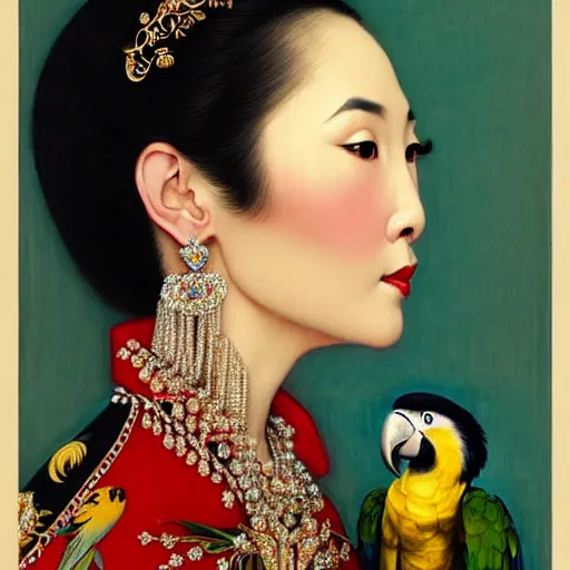 Image similar to close up portrait of the elegantly beautiful, sophisticated, slender rich vietnamese queen and her macaw parrot. intricate eye detail focus, baroque, batik, by norman rockwell, range murata jeremy lipking, trending on pinterest, vivid 8 k, sharp depth of field, pristine global illumination, smooth, 3 d.