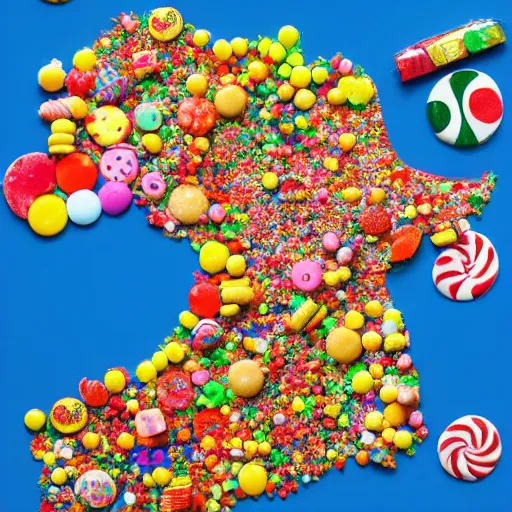 Prompt: a map of south korean made out of candy pieces